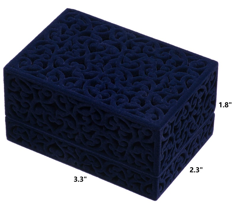 Giftop Hollow Velvet Ring Box Velvet Jewelry Box for Rings Couple Double Ring Bearer Box Engagement Gift (Dark Blue) - Image 5